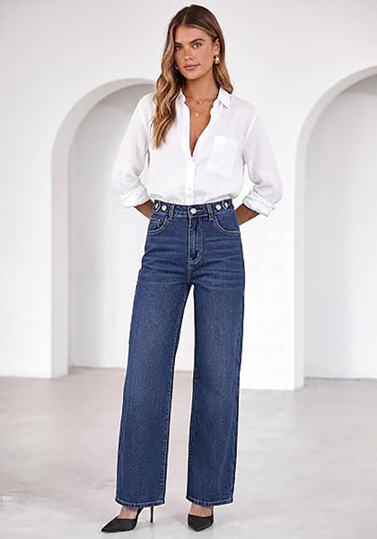 GRAPENT Women's High Rise Wide Leg Jeans | Stretchy Denim, Adjustable Cinch Waist, 30" Inseam, 90s Baggy Straight, Everyday Dressy Casual