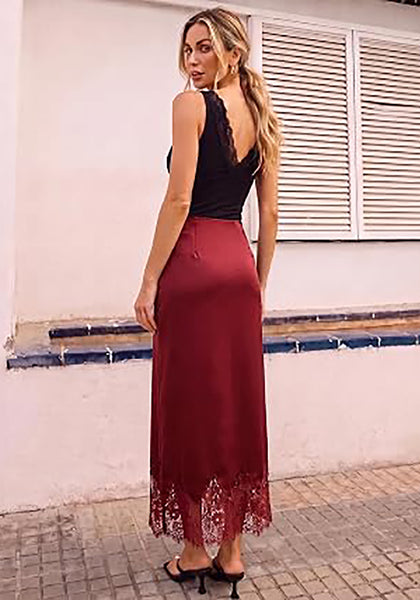 Red Women's Satin Maxi Skirt — Silky Bias Cut Long Slip Skirt with Easy Pull On Elastic Waistband & Lace Trim Hem