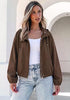 Chocolate Brown Women's Trendy Funnel Neck Bomber Jacket — Oversized Cropped Zip Up Hooded Jacket with Stand Collar & Elastic Cuff Hem