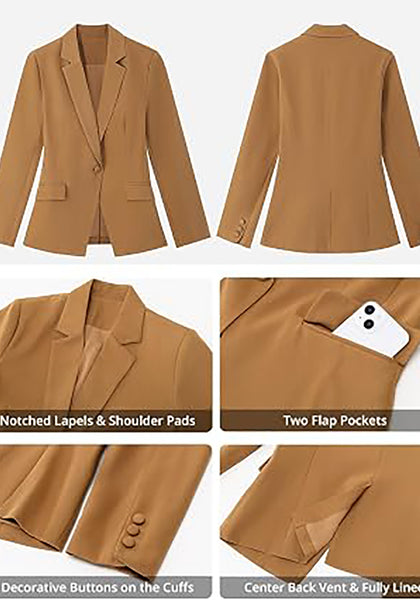 Brown Women's Notched Lapel Blazer, Single Button Shoulder Pads Suit Jacket, Long Sleeve Business Casual Work Office Blazer with Pockets & Back Slit