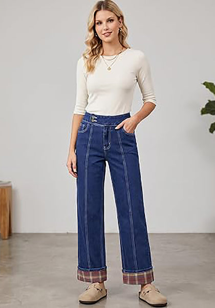 Medium Blue Women's High Rise Wide Leg Jeans — Stretchy Denim Pants with Double Button Waistband, Vertical Seam & Contrast Plaid Cuffs
