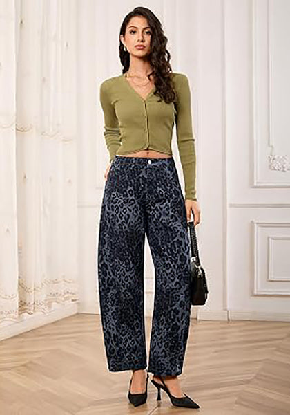 Gray Leopard Women's Trendy Leopard Barrel Jeans — High Waisted Baggy Wide Leg Stretchy Denim Pants with Front Seam & Ankle Length