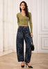 Gray Leopard Women's Trendy Leopard Barrel Jeans — High Waisted Baggy Wide Leg Stretchy Denim Pants with Front Seam & Ankle Length