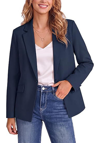 Dark Blue Women's Notched Lapel Blazer, Single Button Shoulder Pads Suit Jacket, Long Sleeve Business Casual Work Office Blazer with Pockets & Back Slit