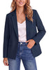 Dark Blue Women's Notched Lapel Blazer, Single Button Shoulder Pads Suit Jacket, Long Sleeve Business Casual Work Office Blazer with Pockets & Back Slit