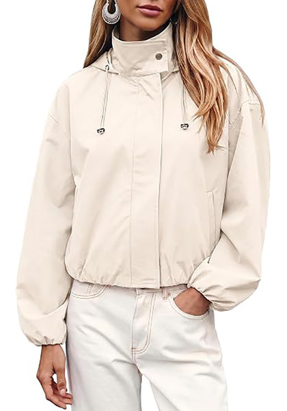 Cream White Women's Trendy Funnel Neck Bomber Jacket — Oversized Cropped Zip Up Hooded Jacket with Stand Collar & Elastic Cuff Hem