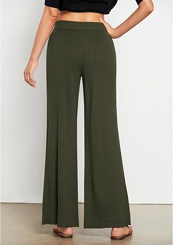 Army Green Women's Casual Elastic Waist Full Length High Waisted Relaxed Fit Stretch Wide Leg Pants in Acrylic Fibers