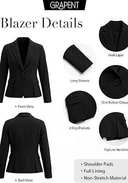 Black Women's  Peplum Suit Jacket Blazer, Tailored Fitted Long Sleeve with Built-in Shoulder Pads, Dressy Casual for Office, Business & Everyday Wear