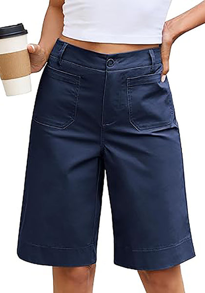 LookbookStore Women's Dark Blue High Waisted Knee Length Bermuda Shorts Casual Dressy Chino Shorts with Elastic Waist and Patch Pockets