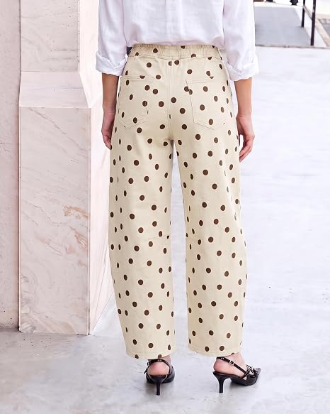 GRAPENT Women's High Rise Polka Dot Barrel Jeans | Stretch Denim, Elastic Drawstring Waist, 27" Inseam, Cropped, Dressy Casual Daily Wear