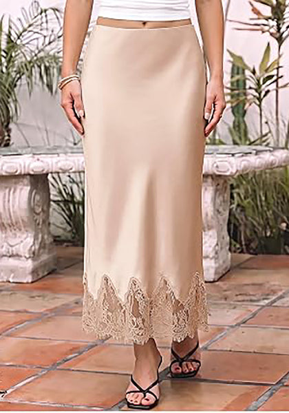Sandshell Women's Satin Maxi Skirt — Silky Bias Cut Long Slip Skirt with Easy Pull On Elastic Waistband & Lace Trim Hem