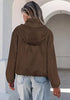 Chocolate Brown Women's Trendy Funnel Neck Bomber Jacket — Oversized Cropped Zip Up Hooded Jacket with Stand Collar & Elastic Cuff Hem