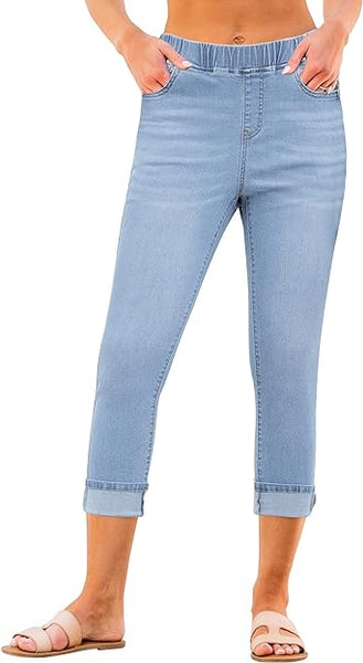 Powder Blue - Acid Wash Women's High Waisted Elastic Slight Stretch Denim Pull On Cuffed Hem Capri Jeans Denim Pants