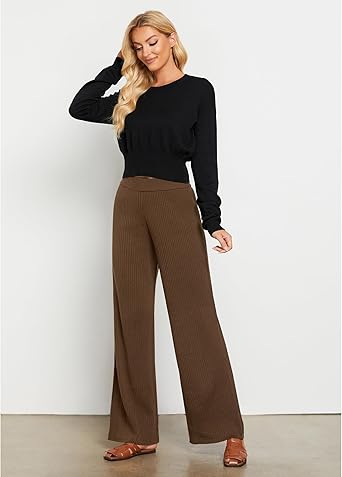 Coffee Brown Women's Casual Elastic Waist Full Length High Waisted Relaxed Fit Stretch Wide Leg Pants in Acrylic Fibers