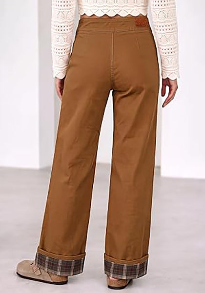 Brown Women's High Rise Wide Leg Jeans — Stretchy Denim Pants with Double Button Waistband, Vertical Seam & Contrast Plaid Cuffs
