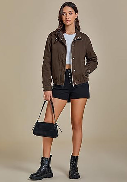 Chocolate Brown Women's Funnel Neck Denim Jacket — Oversized Zip Up Jean Jacket with Drop Shoulder, Elastic Hem & Side Slant Pockets