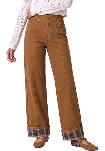 Brown Women's High Rise Wide Leg Jeans — Stretchy Denim Pants with Double Button Waistband, Vertical Seam & Contrast Plaid Cuffs