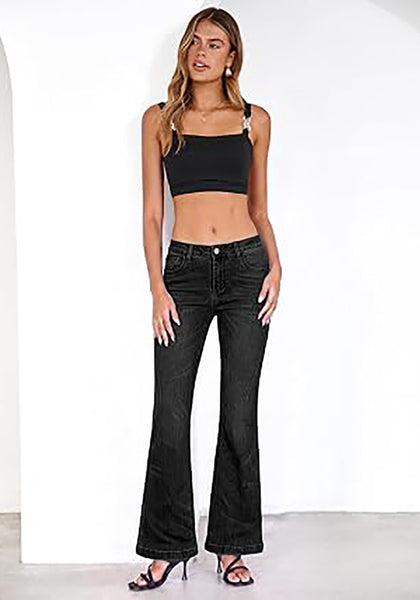 Washed Black Flare Jeans for Women Mid Rise Bootcut Denim Pants Distressed Stretchy Retro Y2K Washed Date Night Outfit Nashville Western Style