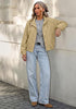 Khaki Women's Trendy Funnel Neck Bomber Jacket — Oversized Cropped Zip Up Hooded Jacket with Stand Collar & Elastic Cuff Hem
