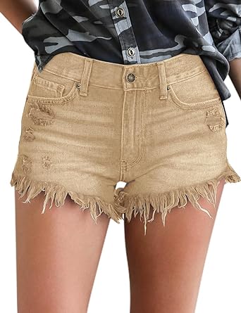 Women's Mid Rise Frayed Ripped Raw Hem Denim Jean Shorts