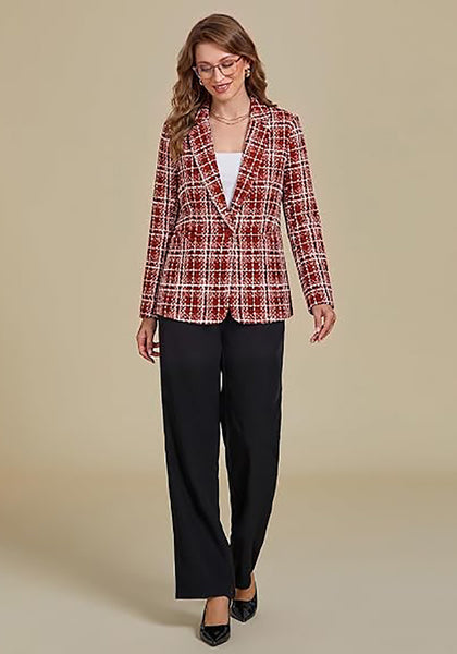GRAPENT Women's Tweed Plaid Blazer | Notched Lapel, Fully Lined, Shoulder Pads, Single Button, 2 Pockets, Interview Office Business Casual