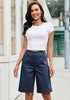 LookbookStore Women's Dark Blue High Waisted Knee Length Bermuda Shorts Casual Dressy Chino Shorts with Elastic Waist and Patch Pockets