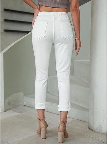 Cream White Women's High Waisted Elastic Slight Stretch Denim Pull On Cuffed Hem Capri Jeans Denim Pants