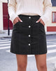 Black Women's Corduroy Short Skirt, Trendy Button Fly Stretchy Fall Skirts with Elastic Back Waist and Functional Pockets, Soft Dressy Casual Fall Outfits