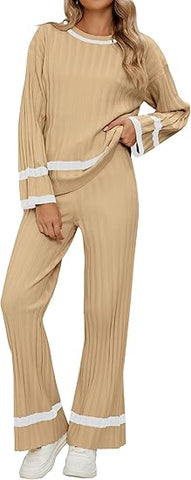 Almond Buff Women Soft Long Sleeve Wide Leg Set Casual Sleep Lounge Wear