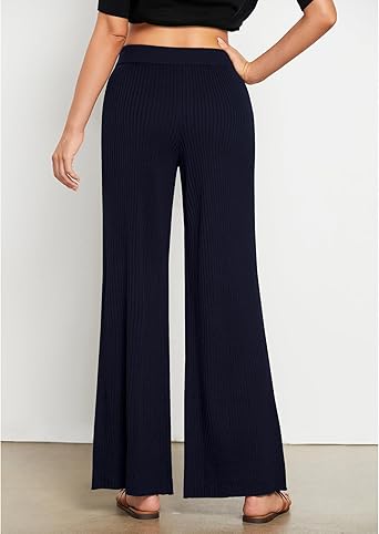 Navy Blue Women's Casual Elastic Waist Full Length High Waisted Relaxed Fit Stretch Wide Leg Pants in Acrylic Fibers