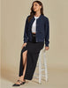 Navy Blue Women's Casual Fully Buttoned Jackets Baseball Collar Front Pocket Moderate Fit Slight Stretch.