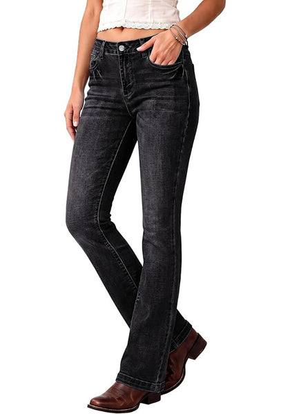 Washed Black Women's Trendy Mid Rise Bootcut Jeans — Stretchy Western Denim Pants with 90s Vintage Flare & 30.5" Inseam