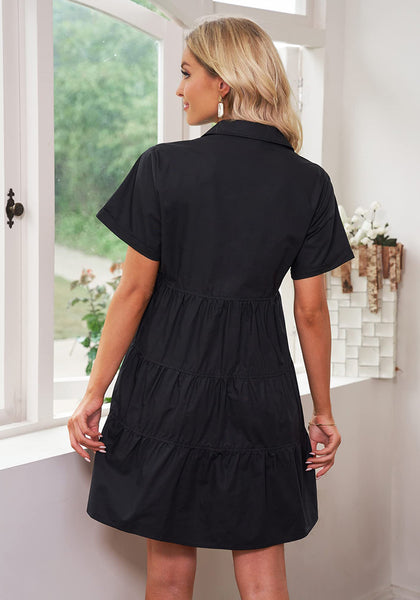 Black Women's Short Sleeve Button Down Babydoll Dress A-Line Tunic Dress