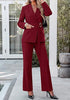 Wine Red Women's 2 Piece Blazer Pants Suit, Business Casual Long Sleeve Belted Double Breasted Blazer & Elastic High Waisted Flared Pants Set, Dressy Office Work Outfits
