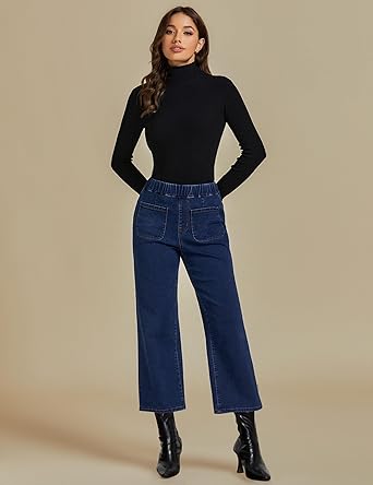 Dark Blue Women's Cropped Denim High Waisted Jeans Stretch Wide Leg