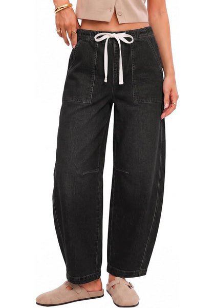 GRAPENT Women's High Waisted Baggy Barrel Jeans | Stretchy Denim, Elastic Drawstring Waist, Pull On, 27.5" Inseam, Ankle Length, Dressy Casual Outfits