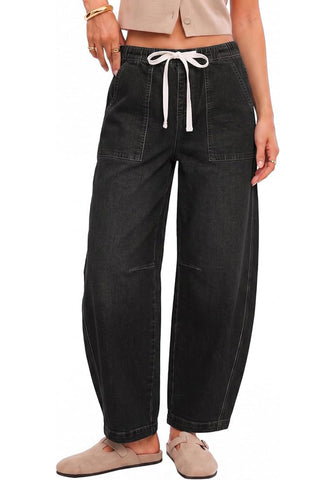 GRAPENT Women's High Waisted Baggy Barrel Jeans | Stretchy Denim, Elastic Drawstring Waist, Pull On, 27.5" Inseam, Ankle Length, Dressy Casual Outfits