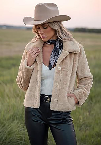 Beige Women's Cropped Fluffy Faux Fur Coat — Oversized Lapel Jacket with Button Down Closure & Warm Lining