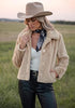 Beige Women's Cropped Fluffy Faux Fur Coat — Oversized Lapel Jacket with Button Down Closure & Warm Lining