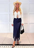 Dark Blue Women's Satin Maxi Skirt — Silky Bias Cut Long Slip Skirt with Easy Pull On Elastic Waistband & Lace Trim Hem