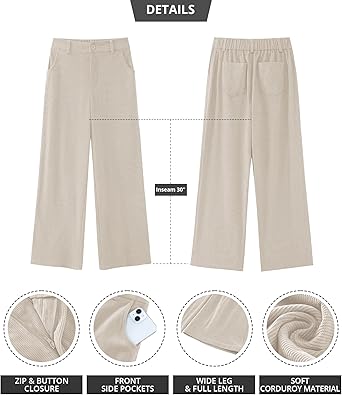 Beige Women's Casual High Waist Pocket Polyester Relaxed Fit Wide Leg Pants