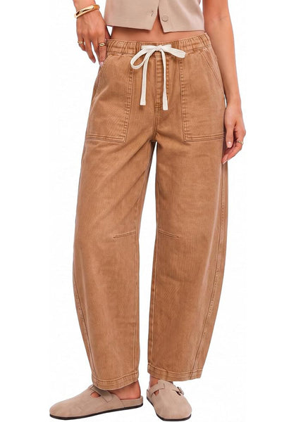 GRAPENT Women's High Waisted Baggy Barrel Jeans | Stretchy Denim, Elastic Drawstring Waist, Pull On, 27.5" Inseam, Ankle Length, Dressy Casual Outfits