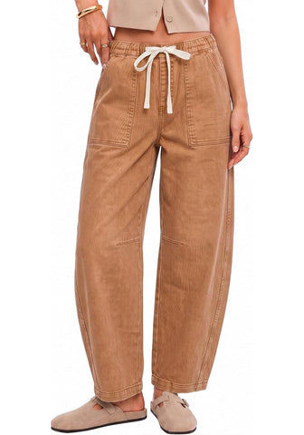 GRAPENT Women's High Waisted Baggy Barrel Jeans | Stretchy Denim, Elastic Drawstring Waist, Pull On, 27.5" Inseam, Ankle Length, Dressy Casual Outfits