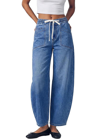 GRAPENT Women's High Waisted Barrel Jeans | Stretchy Denim, Elastic Drawstring Waist, 27.5" Inseam, Front Patch Pockets, Dressy Casual Outfits