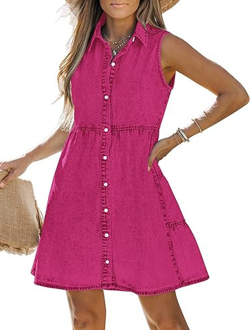 Hot Pink Denim Dress for Women Sleeveless Babydoll Button Down Short Jean Dresses Cute Summer