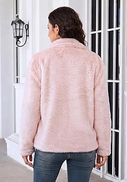 Light Pink Wide Lapel Faux Fur Coat for Women — Oversized Dropped Shoulder Jacket with Side Pockets & Snap Buttons