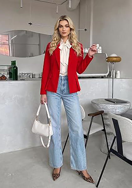 Red Women's  Peplum Suit Jacket Blazer, Tailored Fitted Long Sleeve with Built-in Shoulder Pads, Dressy Casual for Office, Business & Everyday Wear