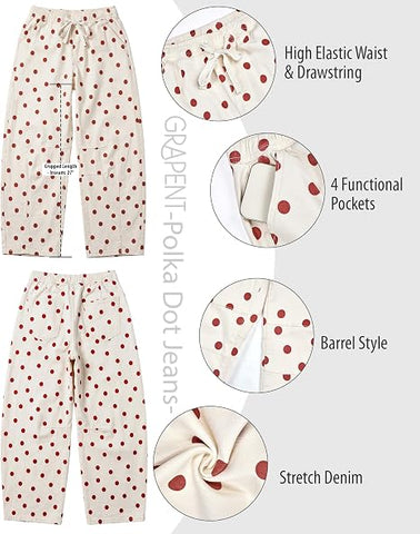 GRAPENT Women's High Rise Polka Dot Barrel Jeans | Stretch Denim, Elastic Drawstring Waist, 27" Inseam, Cropped, Dressy Casual Daily Wear