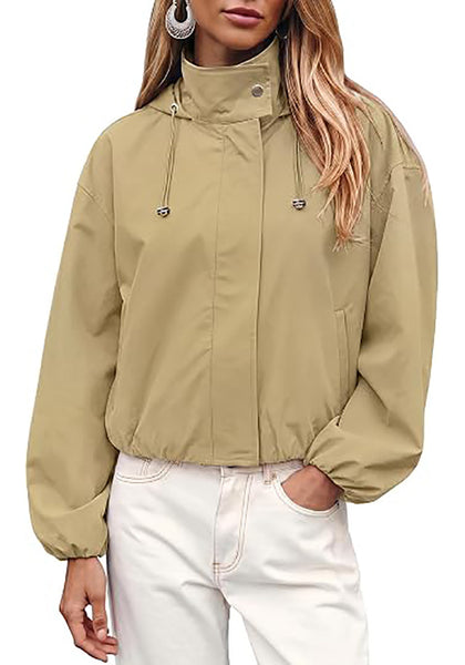 Khaki Women's Trendy Funnel Neck Bomber Jacket — Oversized Cropped Zip Up Hooded Jacket with Stand Collar & Elastic Cuff Hem