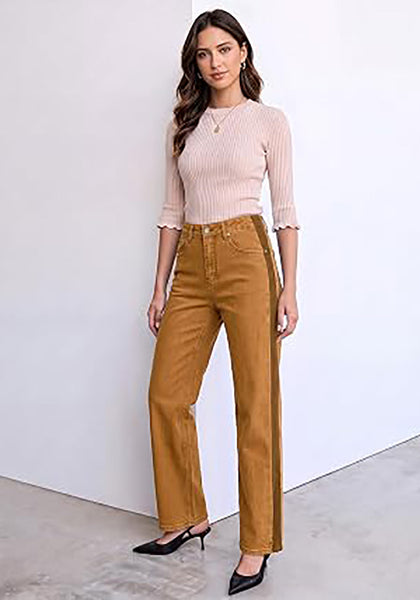 Golden Brown Women's High Waisted Straight Leg Jeans, Tuxedo Side Stripe Stretchy Denim Pants, 29" Inseam Relaxed Fit 90s Style Concert Outfits